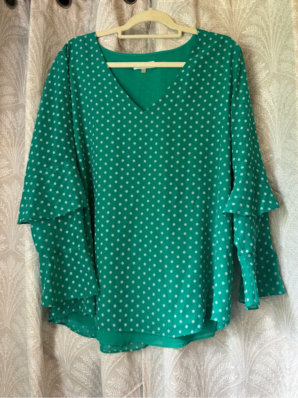 Calvin Klein Teal Green Polka Dot V-Neck Ruffle Sleeve Blouse
